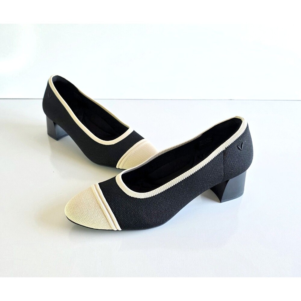 VIVAIA Julie Arch Pro Almond Toe Chunky Heels Black Ivory 40.5 9 9.5 Knit Pumps